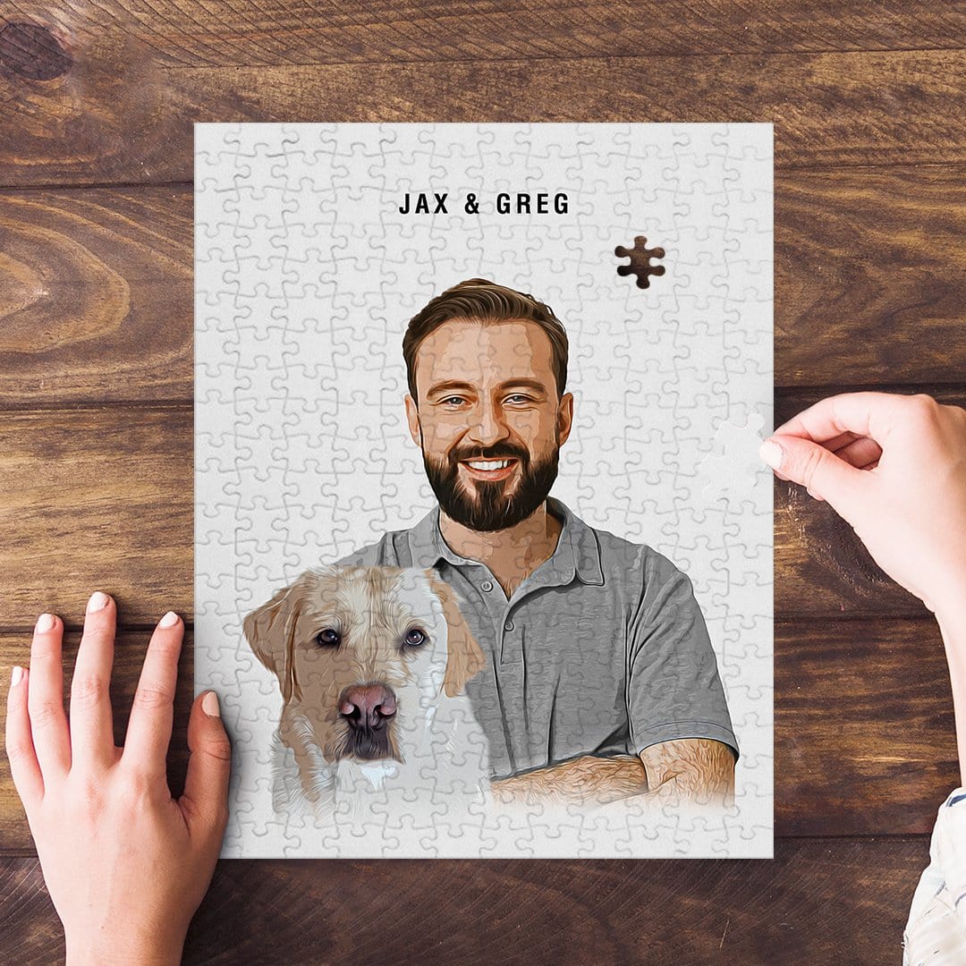 Personalized modern pet and human puzzle featuring a man and a yellow lab, with one piece missing.