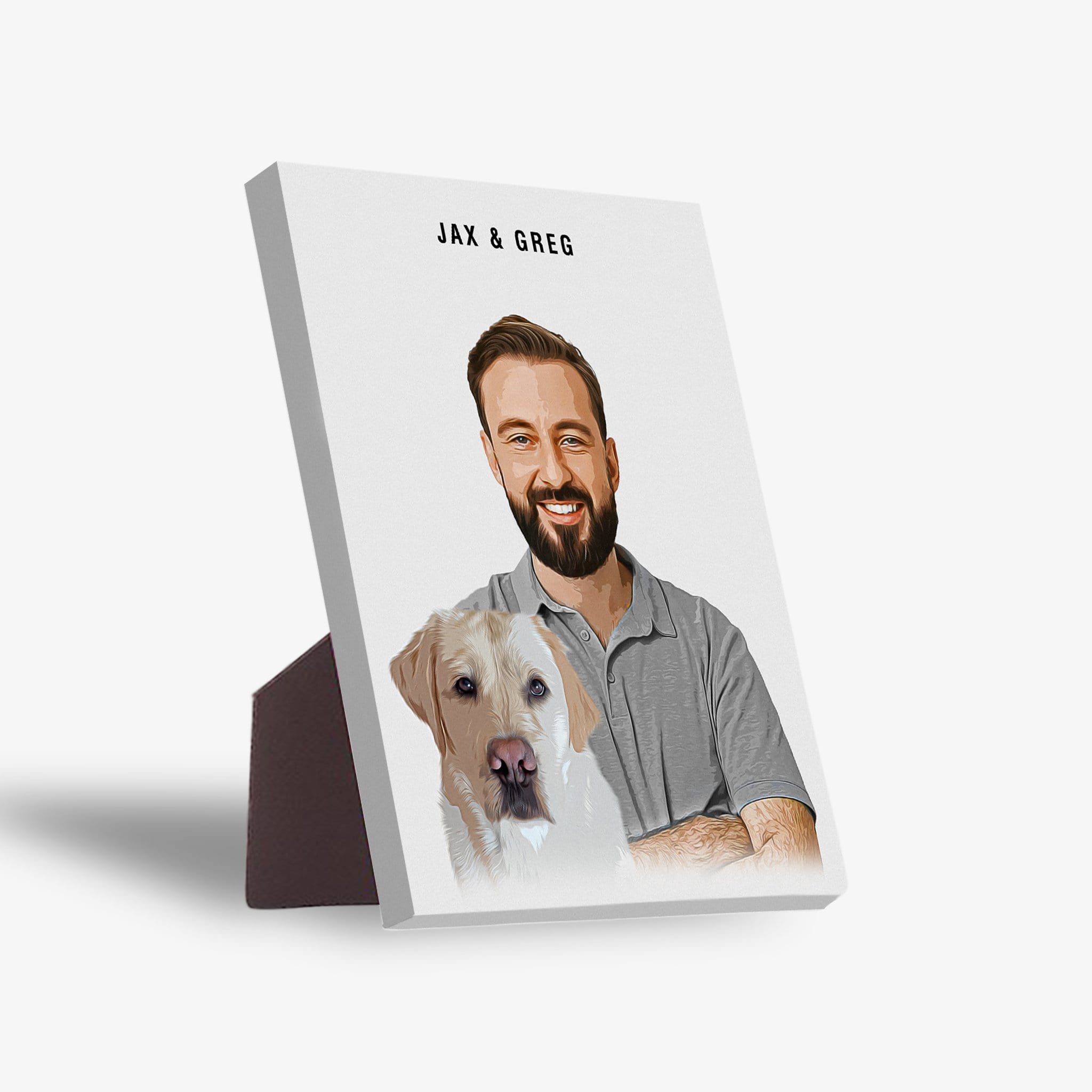 Personalized standing canvas featuring a man and a yellow lab, with "JAX &amp; GREG" at the top.