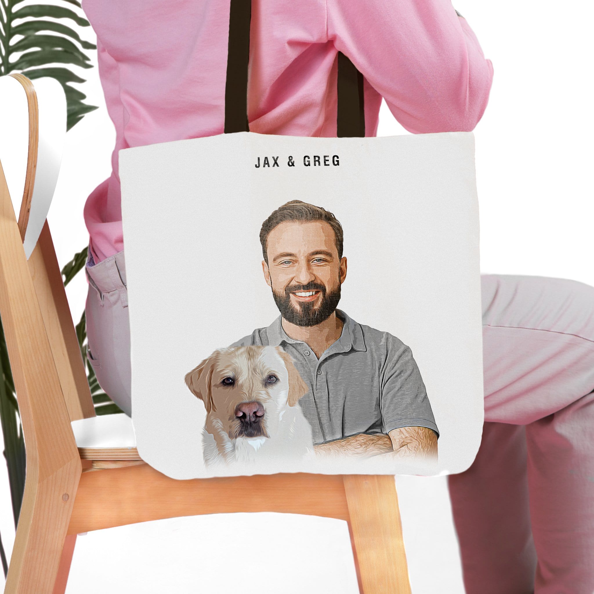 Personalized tote bag with a cartoon portrait of a man and his yellow lab dog, "Jax &amp; Greg" text.