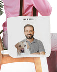 Personalized tote bag with a cartoon portrait of a man and his yellow lab dog, "Jax & Greg" text.