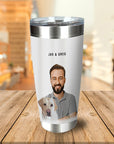 Personalized white stainless steel tumbler with a cartoon portrait of a man and a yellow lab dog.