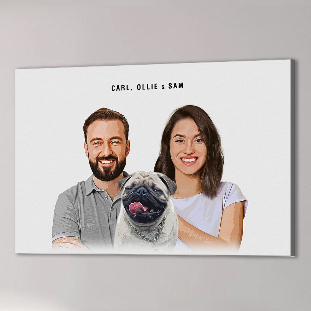 Custom modern pet and humans canvas art featuring a man, woman, and pug, with names "CARL, OLLIE & SAM".