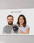Custom modern pet and humans canvas art featuring a man, woman, and pug, with names "CARL, OLLIE & SAM".