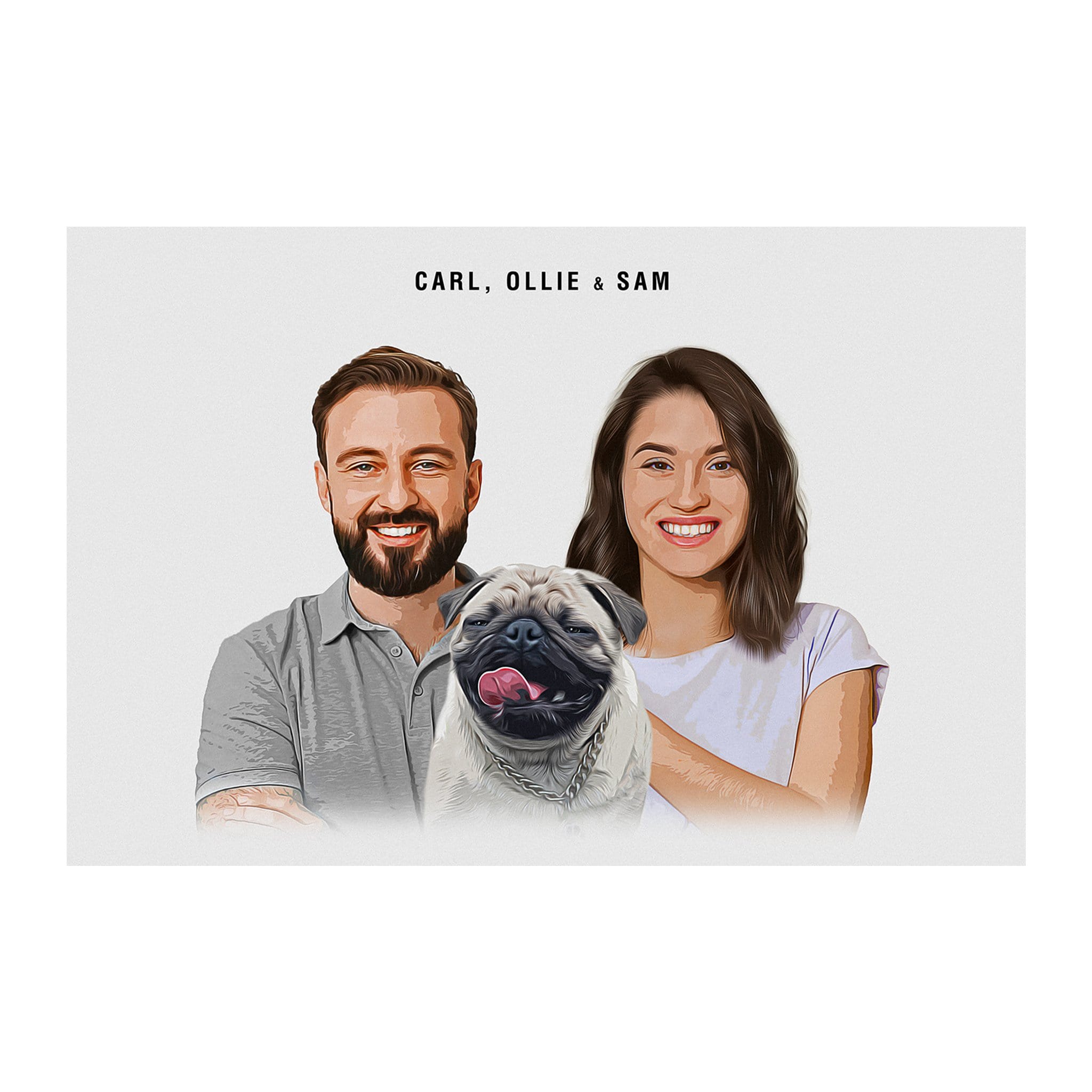 Personalized modern cartoon portrait of a man, woman, and pug dog on a light background.