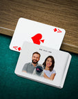 Personalized playing cards with a custom modern pet and human portrait of a couple and their pug.