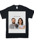 Black Gildan t-shirt with a personalized graphic of a smiling man, woman, and a pug, with "CARL, OLLIE & SAM" text.