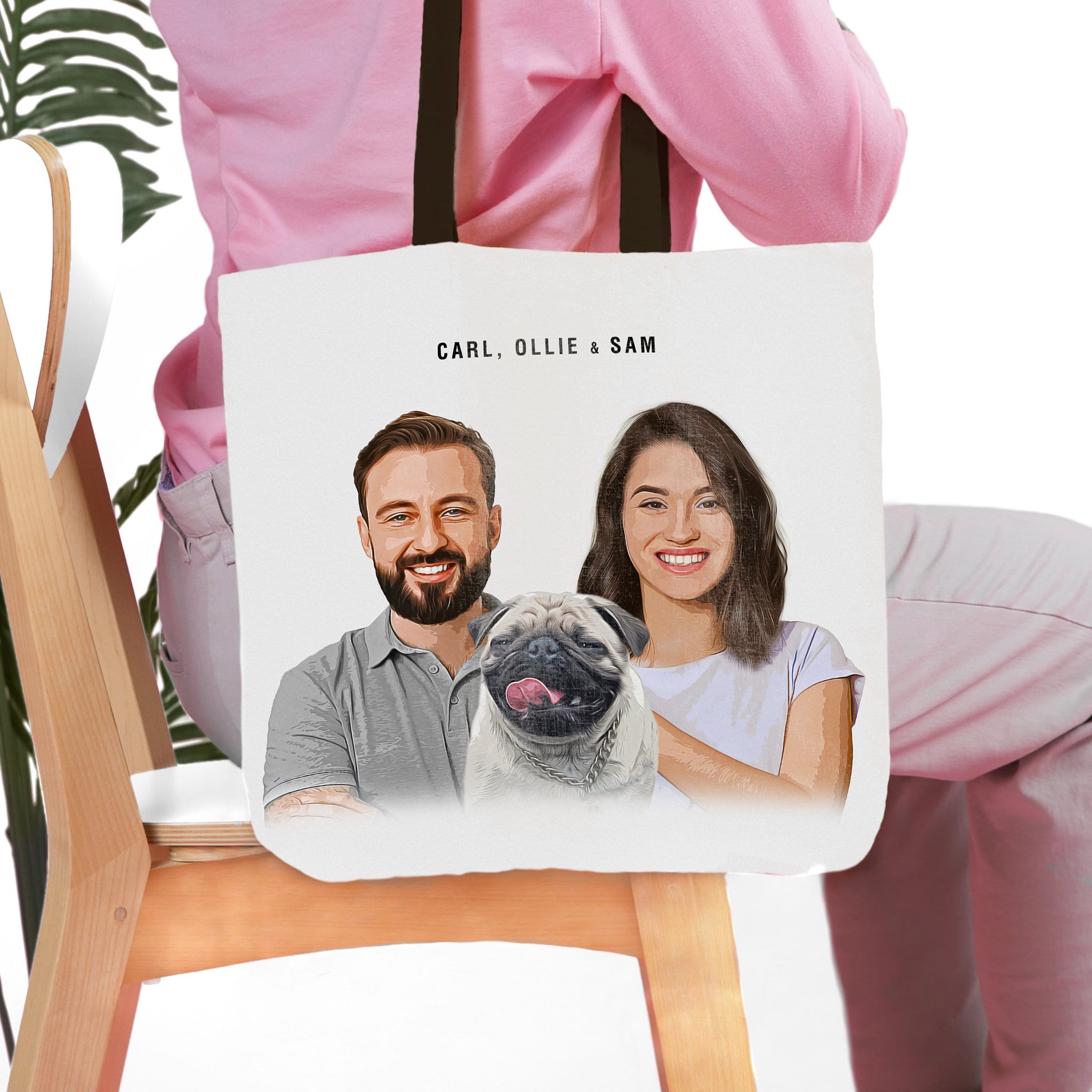 Personalized modern pet and human portrait tote bag featuring a man, woman, and pug.