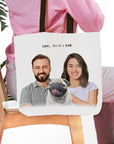 Personalized modern pet and human portrait tote bag featuring a man, woman, and pug.