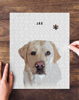 Personalized modern pet puzzle featuring a yellow lab named Jax, with one piece missing.