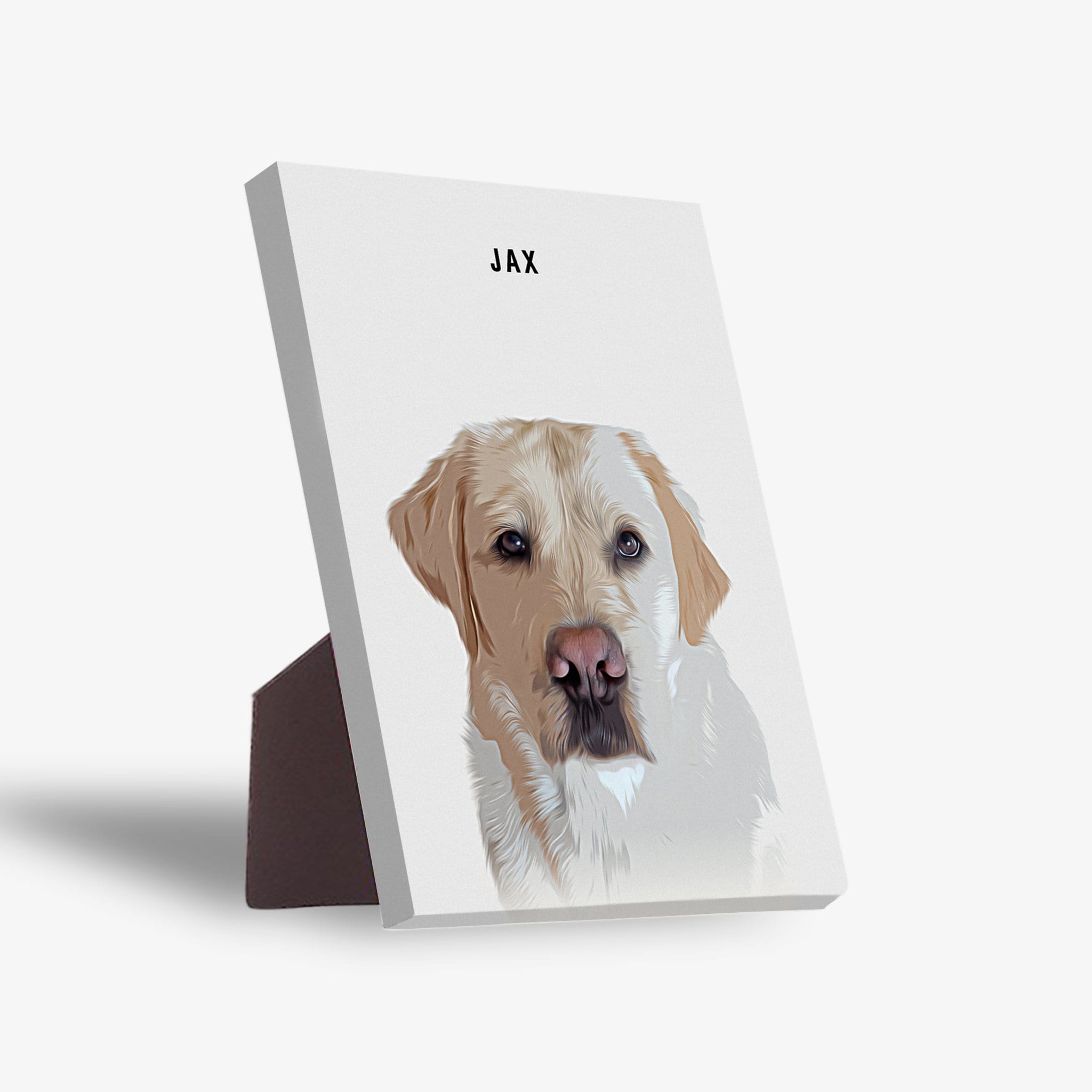 Personalized modern pet standing canvas featuring a cream Labrador portrait and "JAX" in black text.