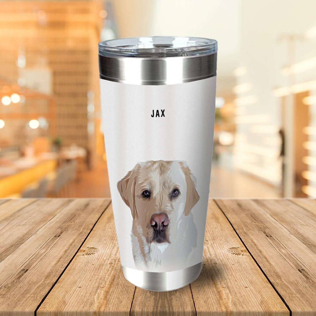 Personalized stainless steel tumbler with a custom watercolor portrait of a yellow Labrador dog named Jax.