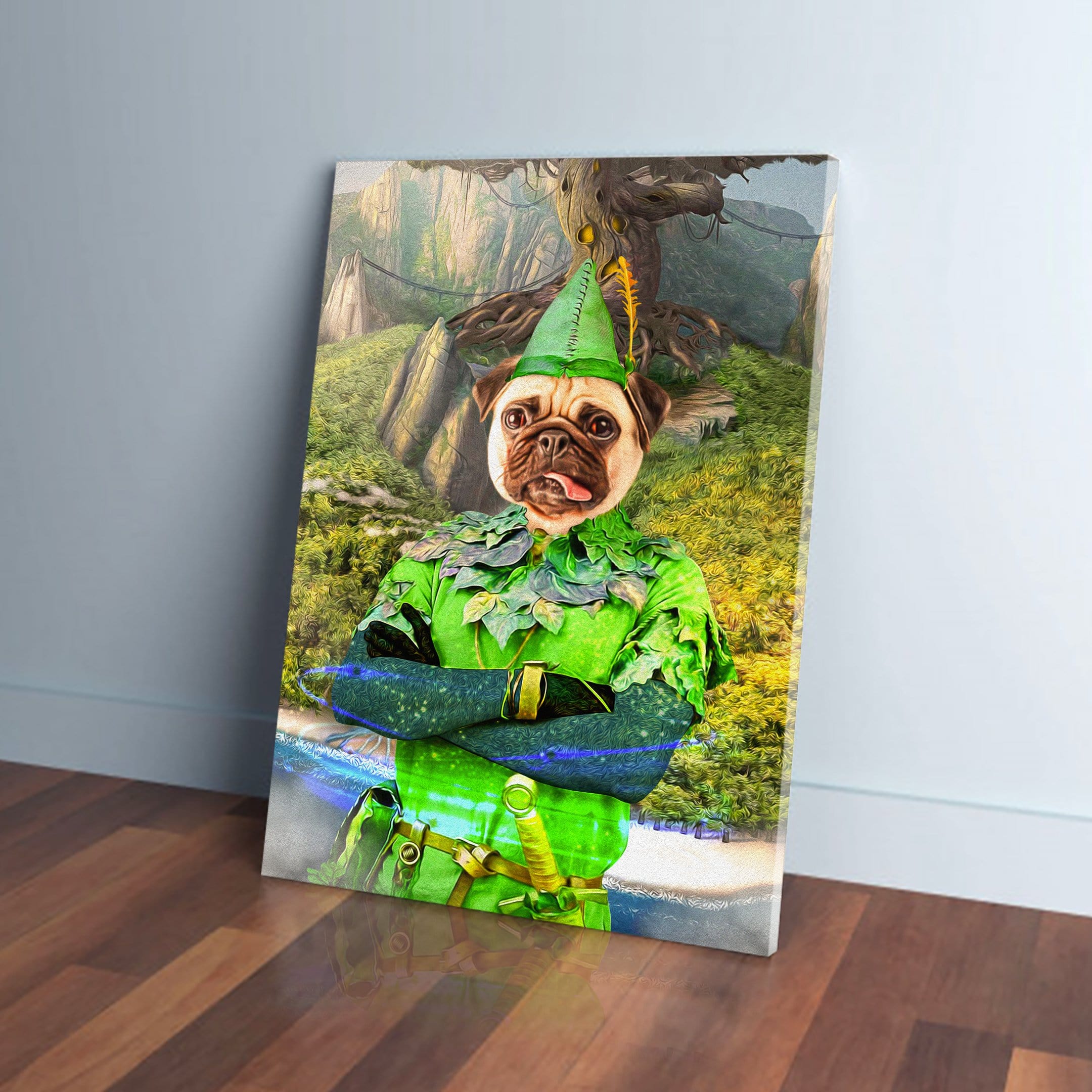 Personalized 'Peter Paw' canvas featuring a pug in a green Peter Pan costume, leaning against a white wall.
