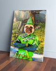 Personalized 'Peter Paw' canvas featuring a pug in a green Peter Pan costume, leaning against a white wall.