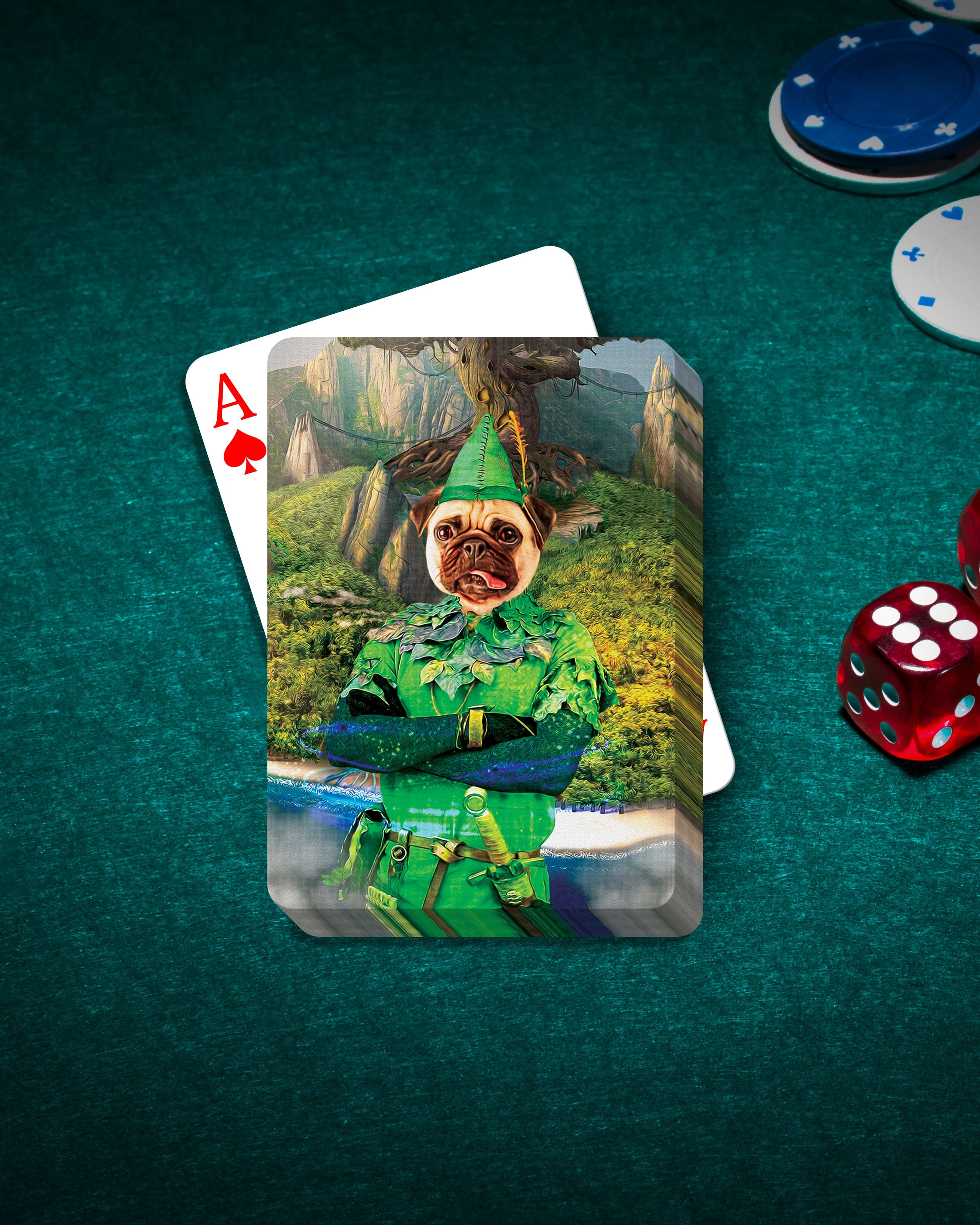 Personalized Peter Paw playing card featuring a pug in a Peter Pan costume on a green felt table.