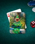 Personalized Peter Paw playing card featuring a pug in a Peter Pan costume on a green felt table.