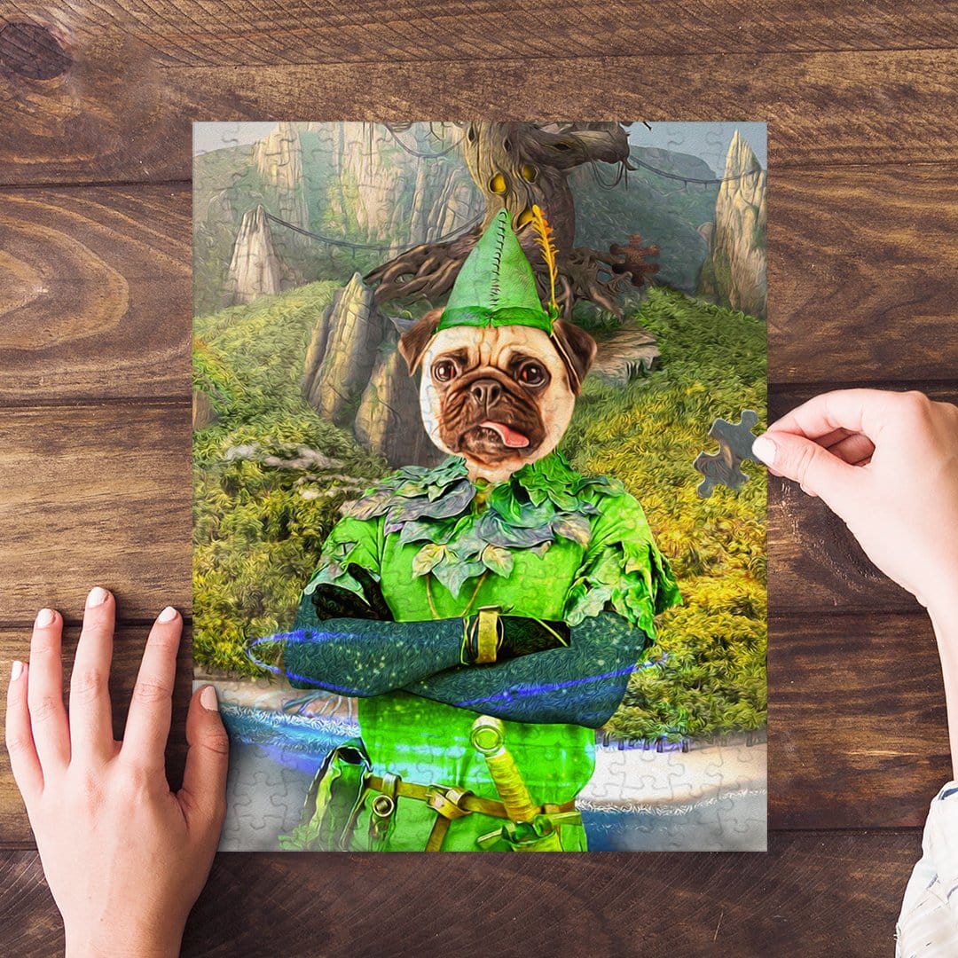 Personalized Peter Paw pet puzzle featuring a pug in a green Peter Pan costume.
