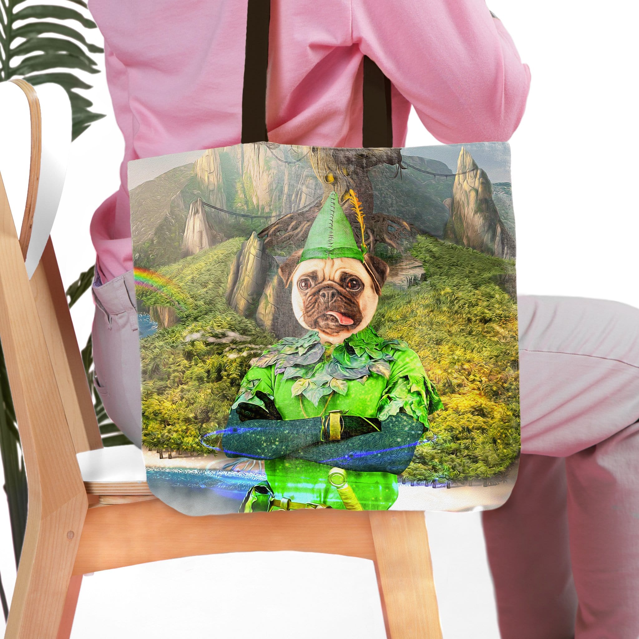 Personalized "Peter Paw" tote bag with a custom pug pet portrait in a green costume against a Neverland-like background.