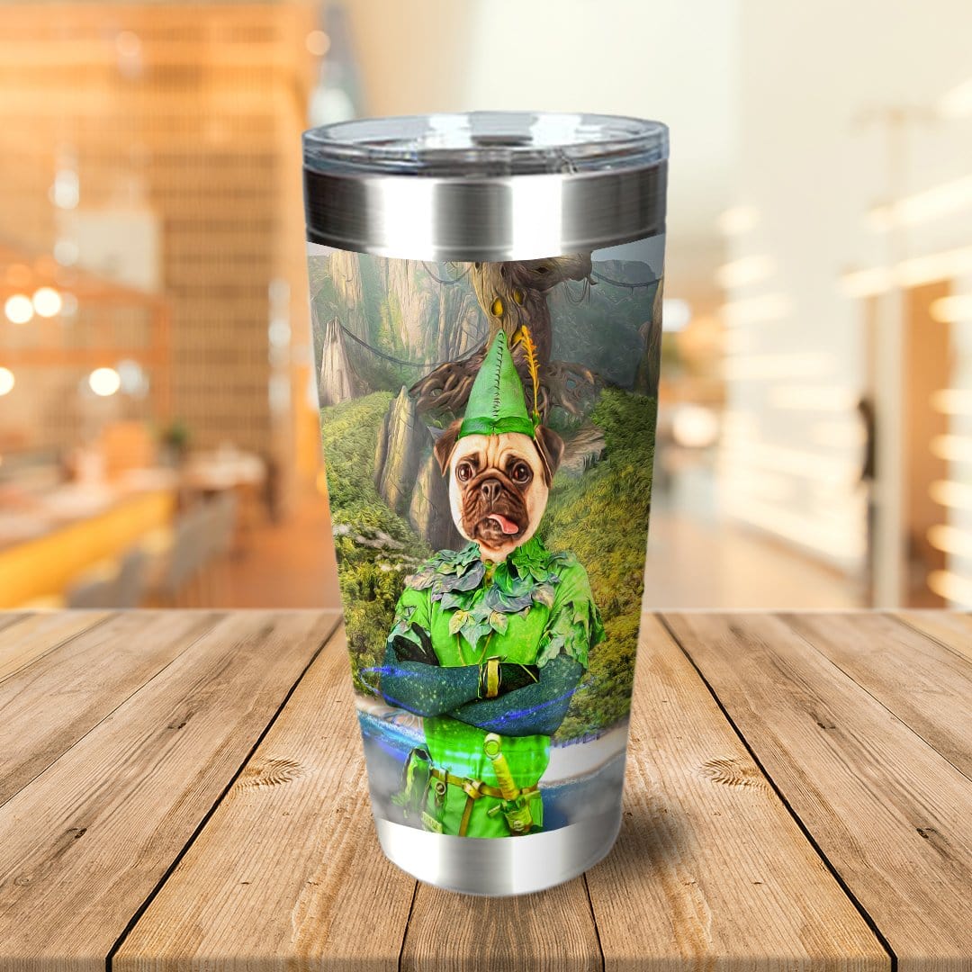 Personalized stainless steel tumbler with a pug pet portrait in a Peter Pan-style costume.
