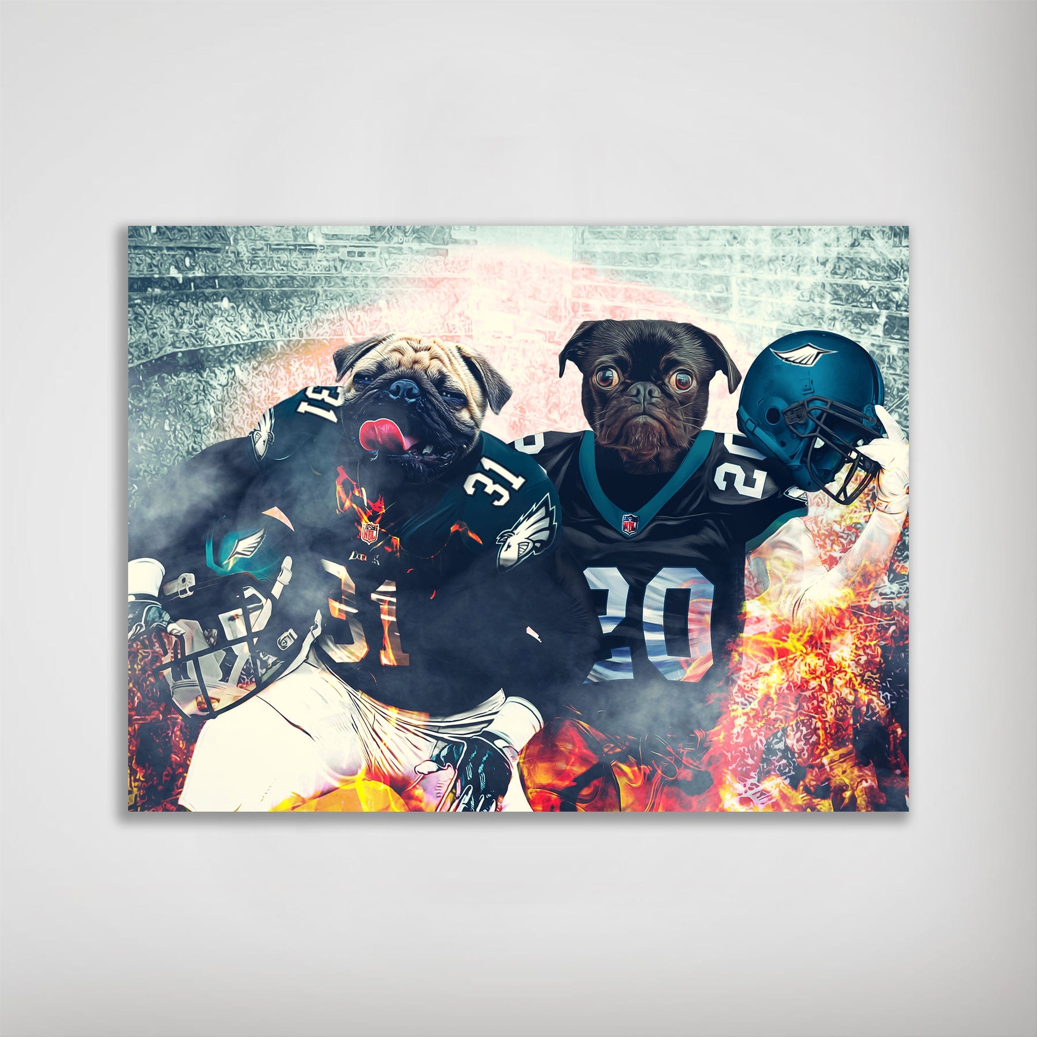 Personalized 'Philadelphia Doggos' poster featuring two pugs in football uniforms with stadium and fire background.