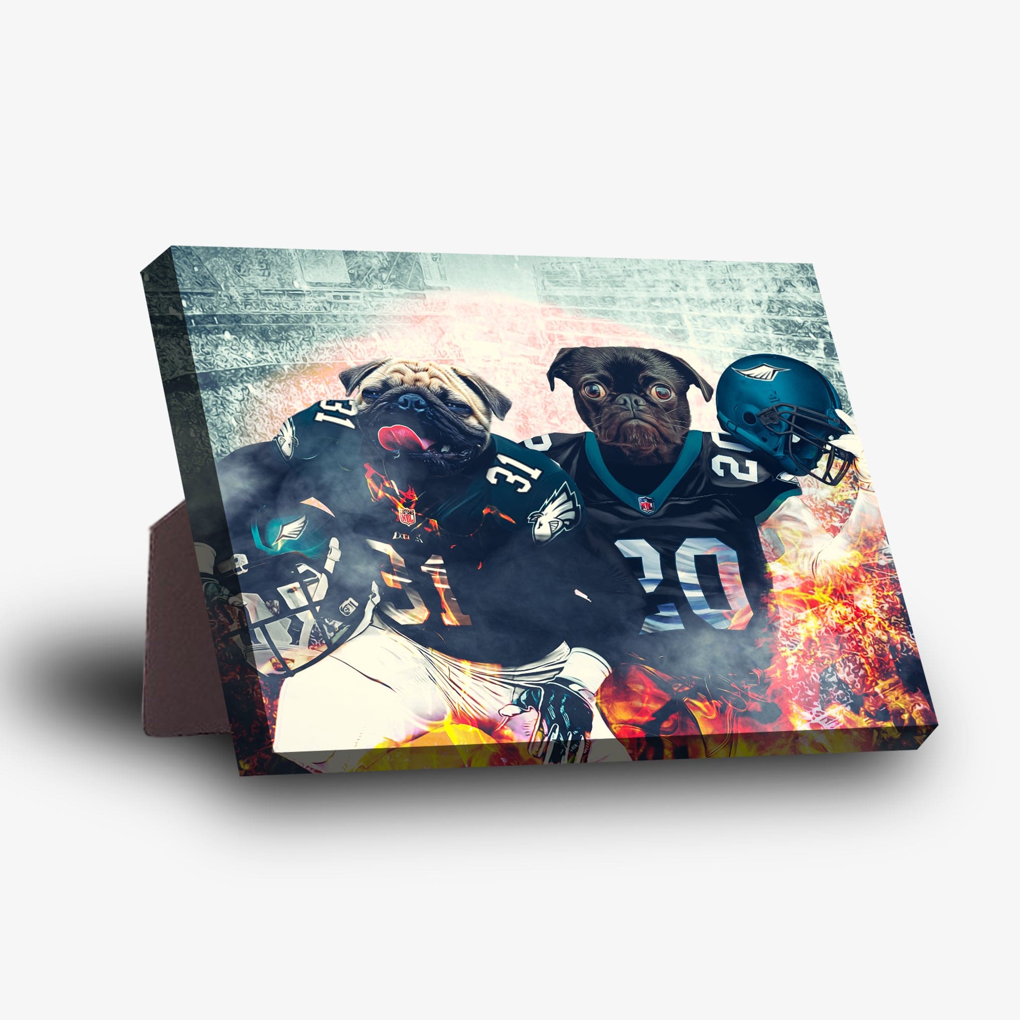 Personalized standing canvas featuring two pugs in Philadelphia Eagles football uniforms with a stadium background and fiery effects.