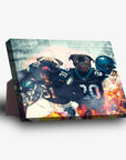 Personalized standing canvas featuring two pugs in Philadelphia Eagles football uniforms with a stadium background and fiery effects.