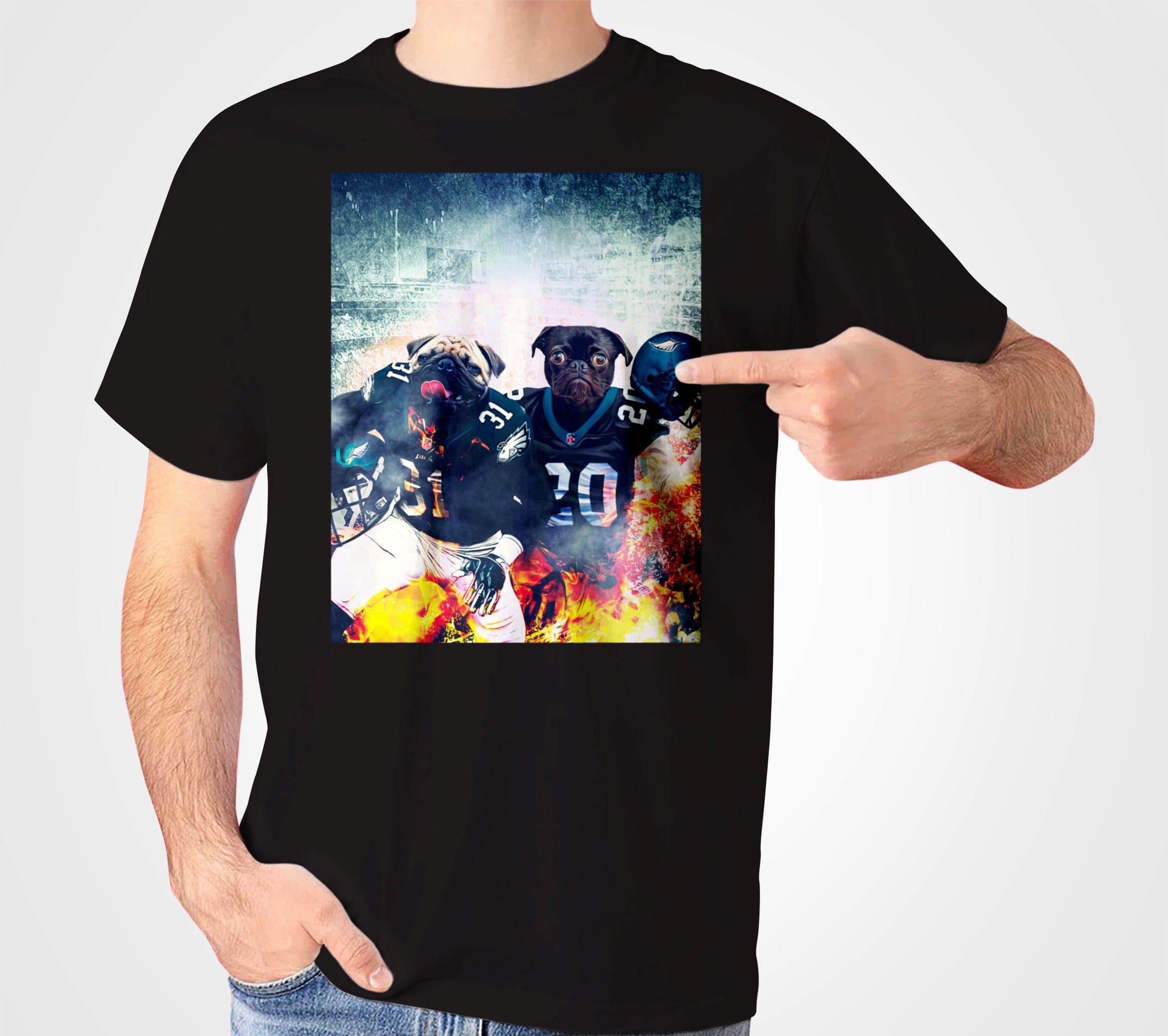 Black Gildan t-shirt with two pugs in football jerseys, surrounded by fire and a distressed background.