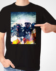 Black Gildan t-shirt with two pugs in football jerseys, surrounded by fire and a distressed background.