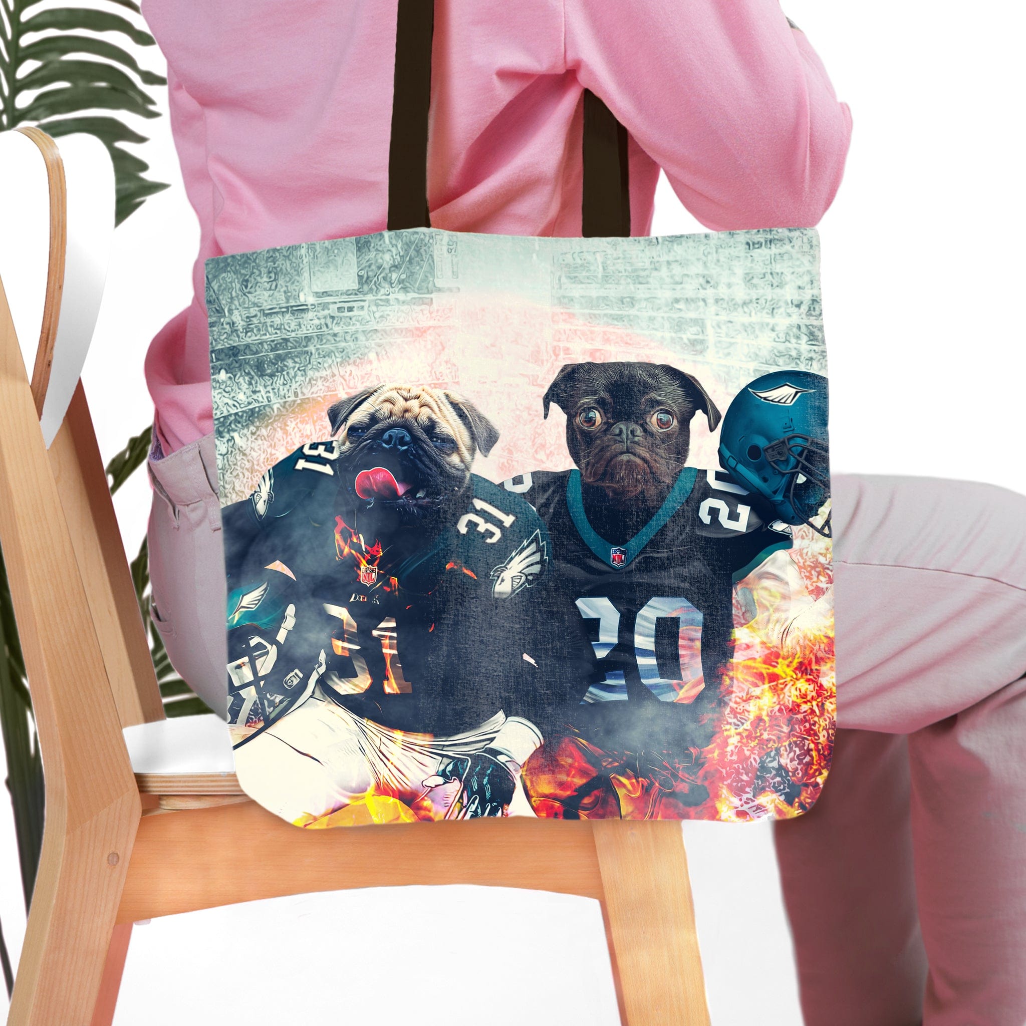 Personalized tote bag featuring two pugs in Philadelphia Eagles football uniforms with a stadium background.