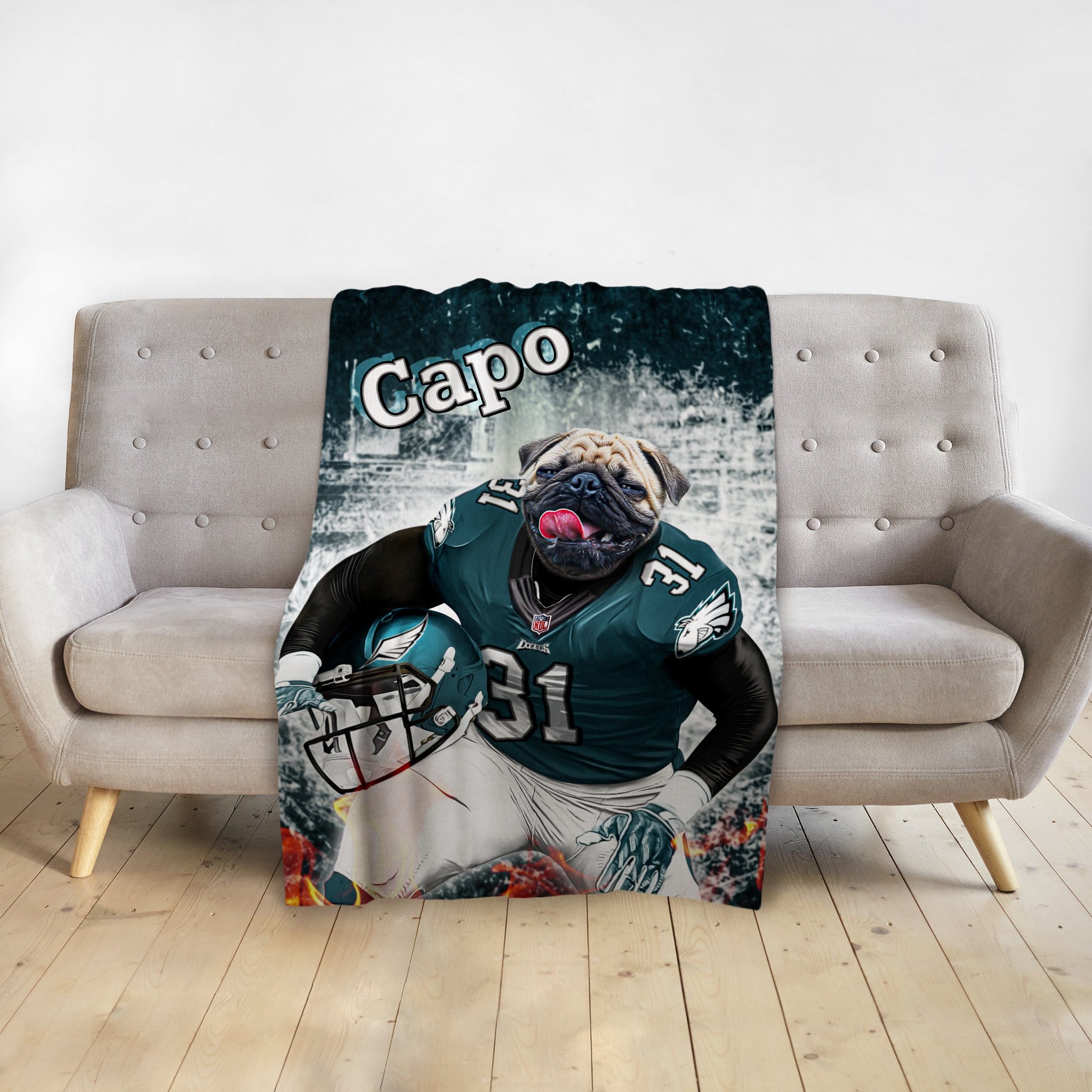 Personalized pet blanket featuring a pug in a football uniform with "Capo" text.
