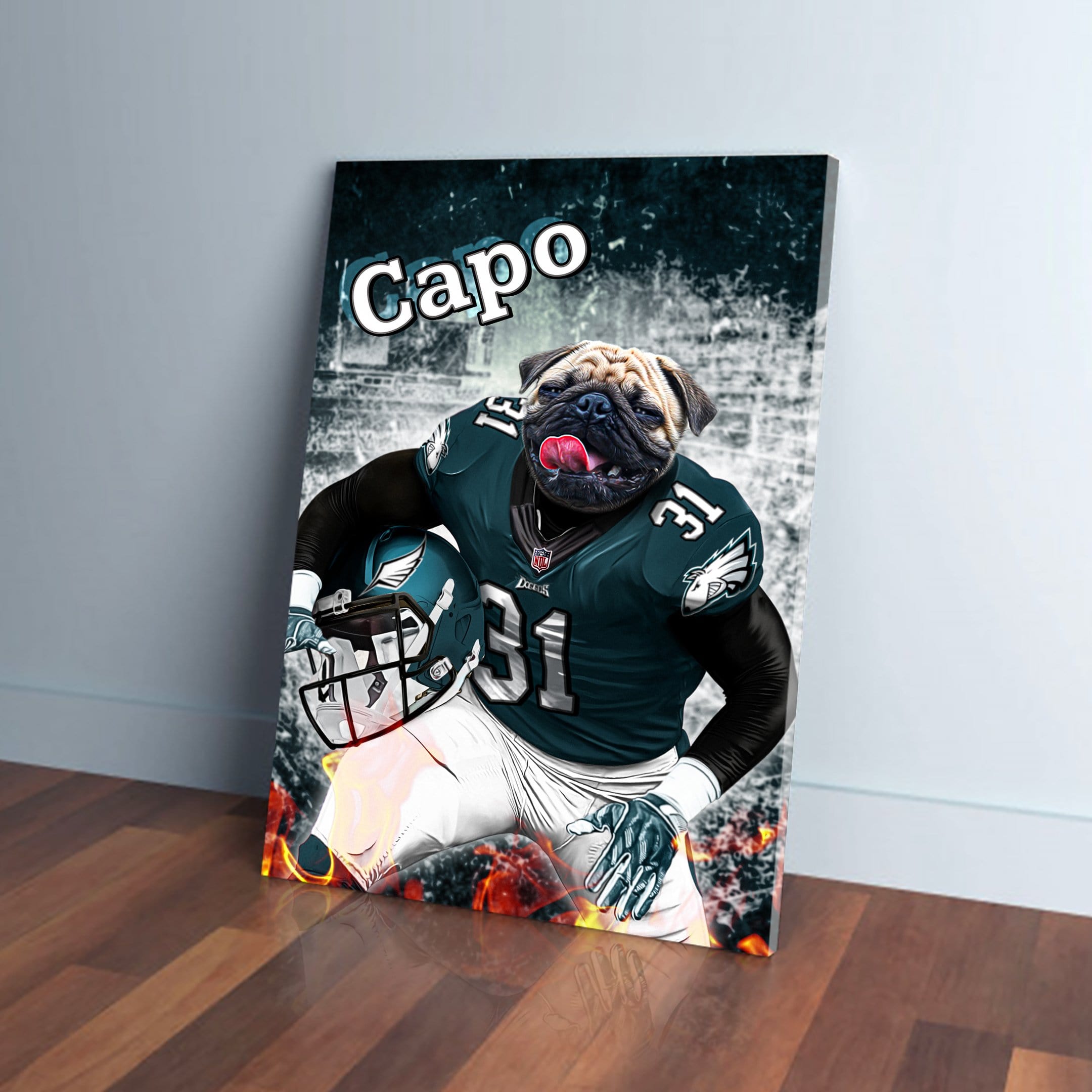 Personalized 'Philadelphia Doggos' canvas featuring a pug in an Eagles football uniform with "Capo" text.