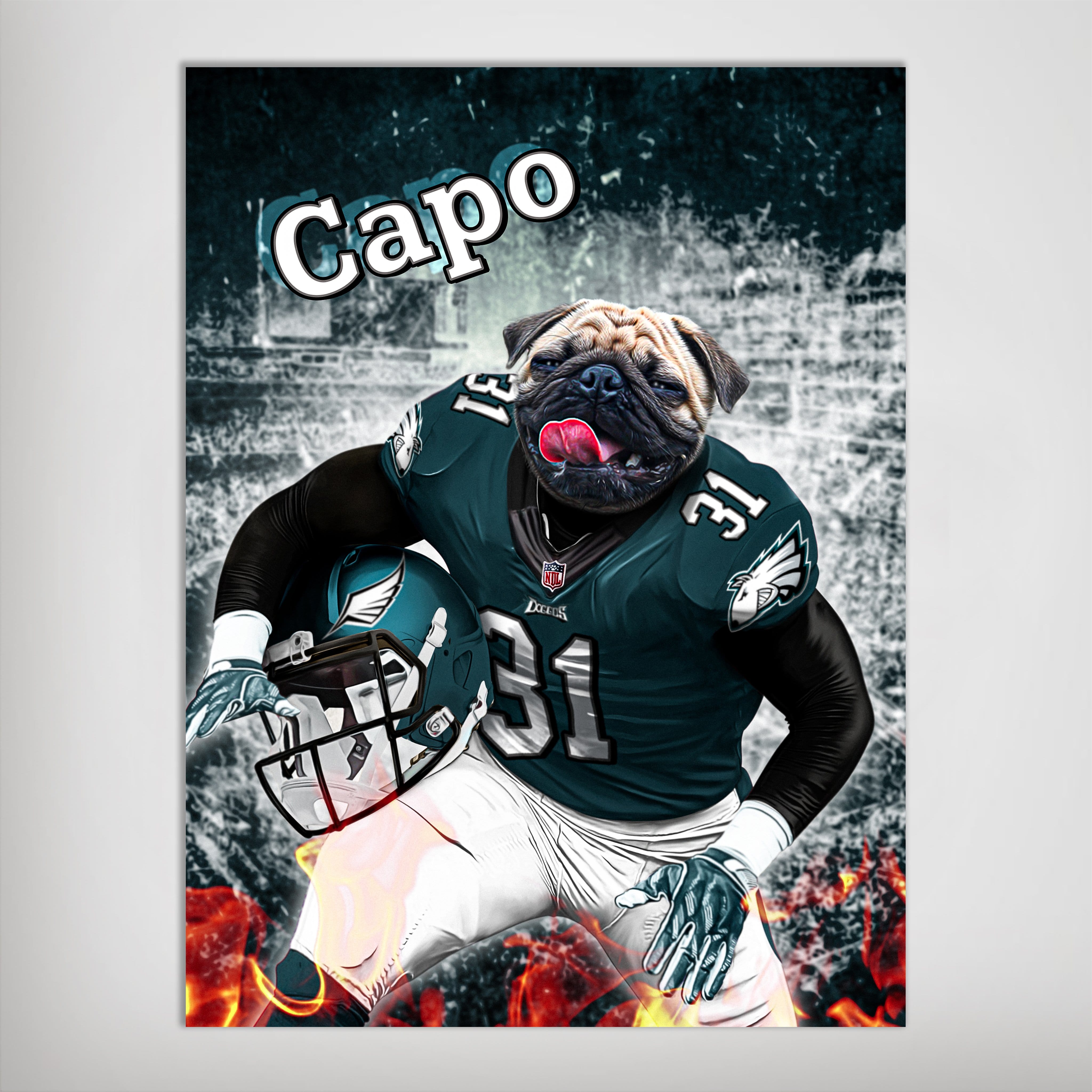 Personalized "Philadelphia Doggos" poster featuring a pug in an Eagles football uniform, holding a helmet, with flames.