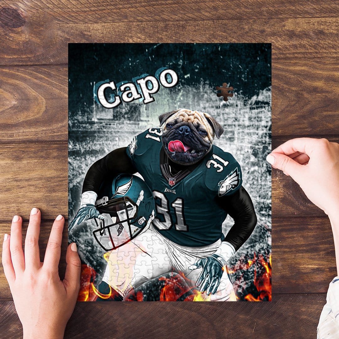 Personalized pet puzzle featuring a pug in a Philadelphia Eagles football uniform.
