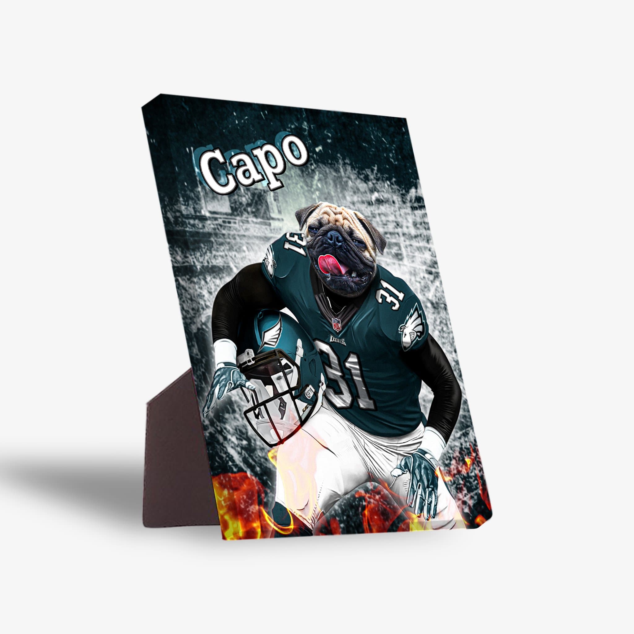Personalized pet standing canvas featuring a pug in a Philadelphia Eagles uniform, helmet in hand, with "Capo" above.