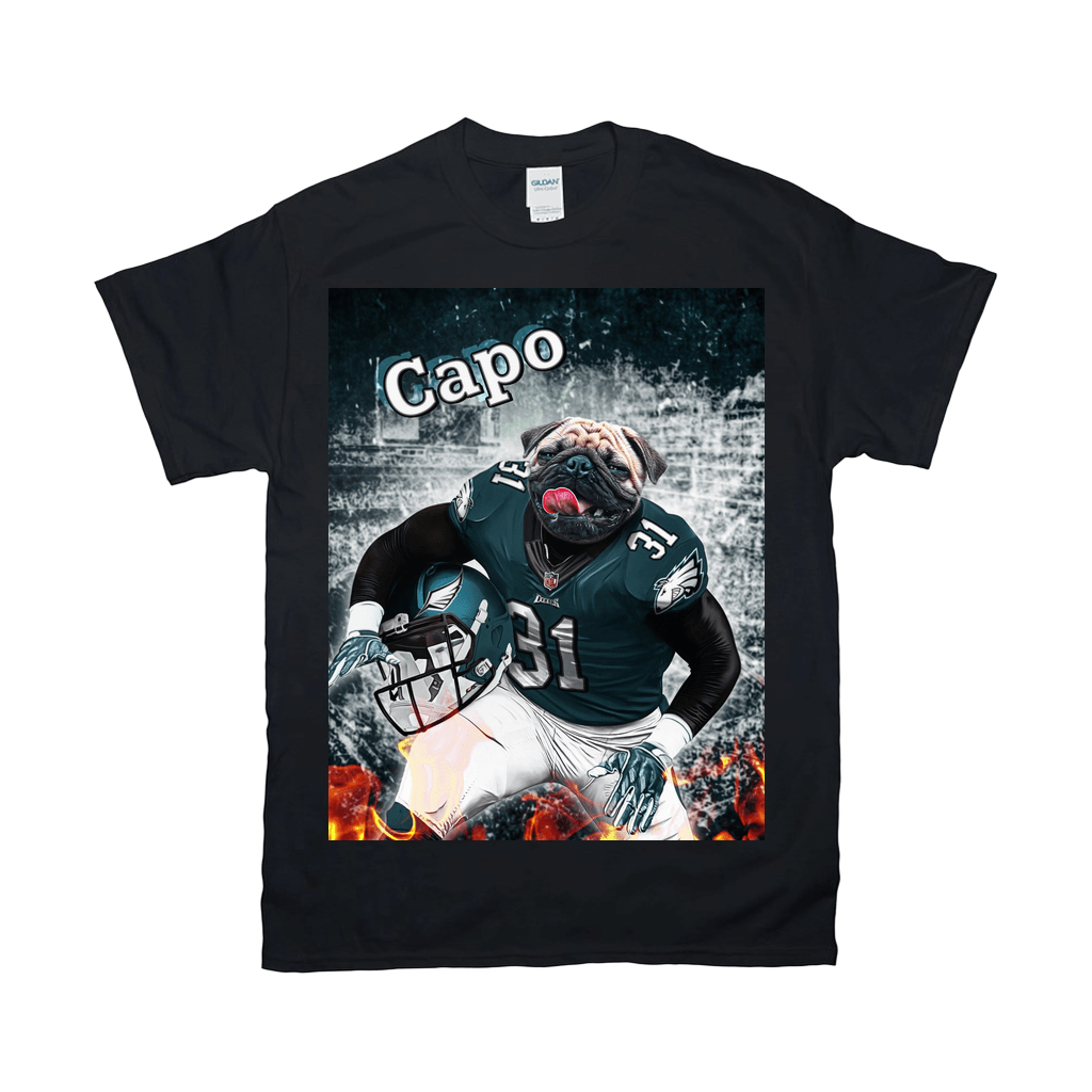 Black Gildan t-shirt with a personalized pug wearing a Philadelphia Eagles uniform, holding a helmet, with "Capo" above.