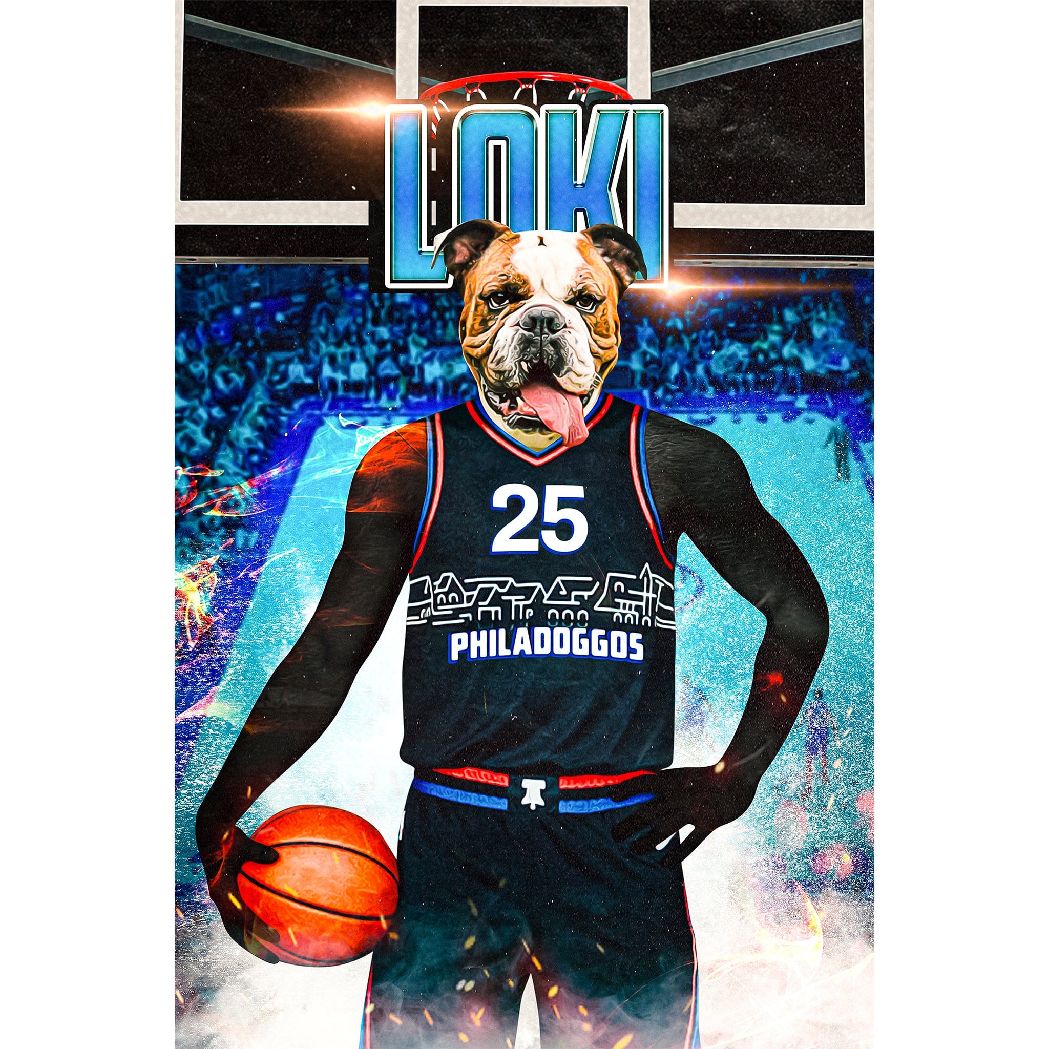 Custom digital portrait of a bulldog in a black Philadoggos 76ers basketball jersey, holding a ball.