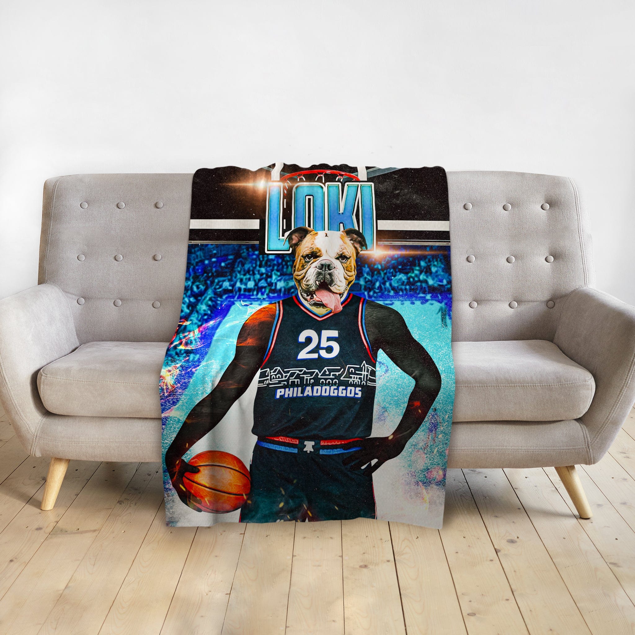 Personalized pet blanket featuring a bulldog in a 76ers basketball uniform.