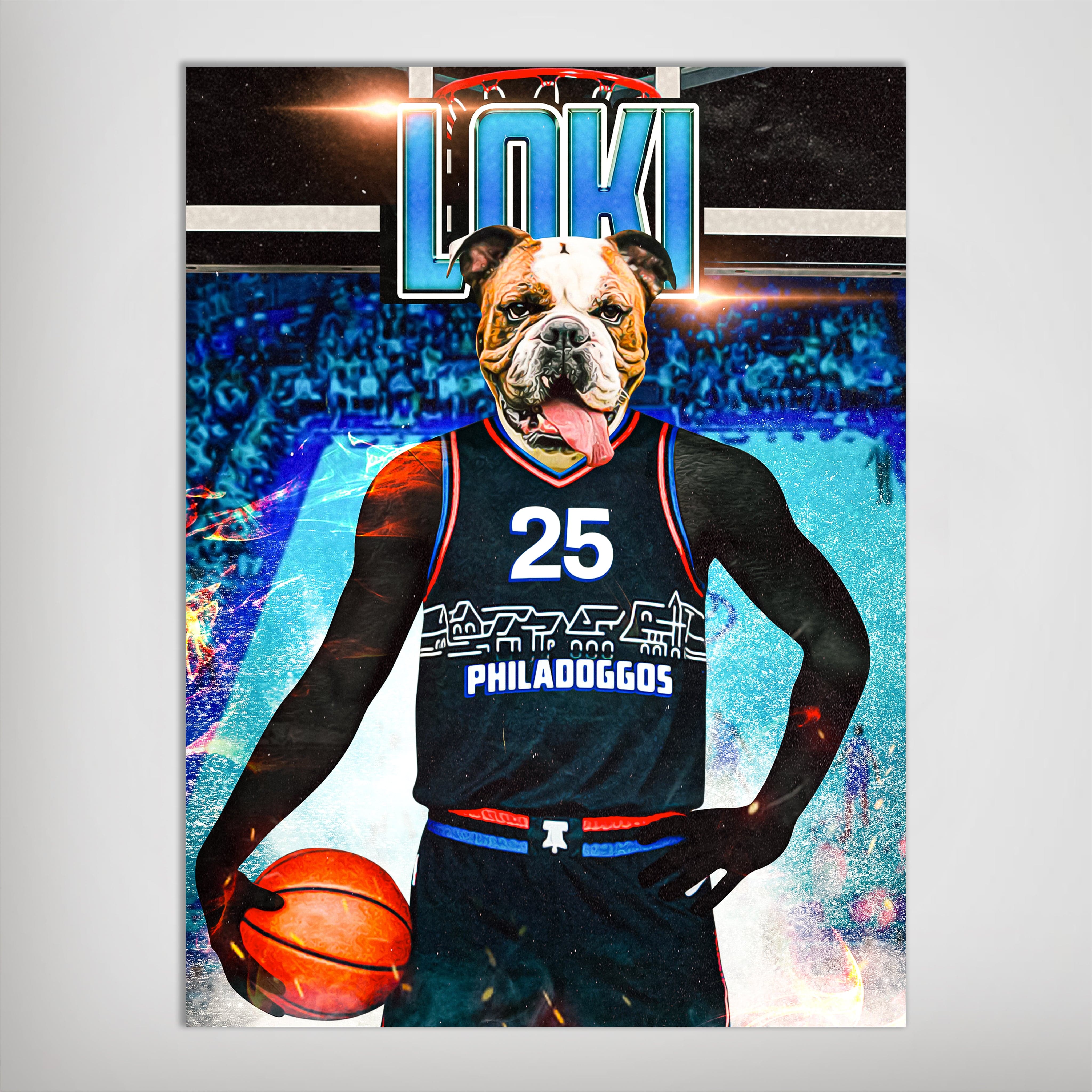 Personalized Philadoggos 76ers pet poster featuring a bulldog in a black basketball jersey, holding a ball.