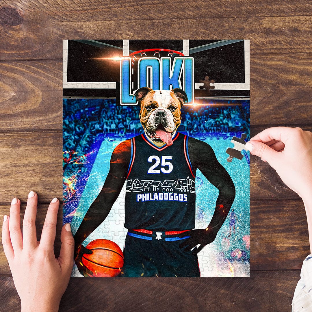 Personalized Philadoggos 76ers pet puzzle featuring a bulldog in a basketball jersey, with hands assembling it.