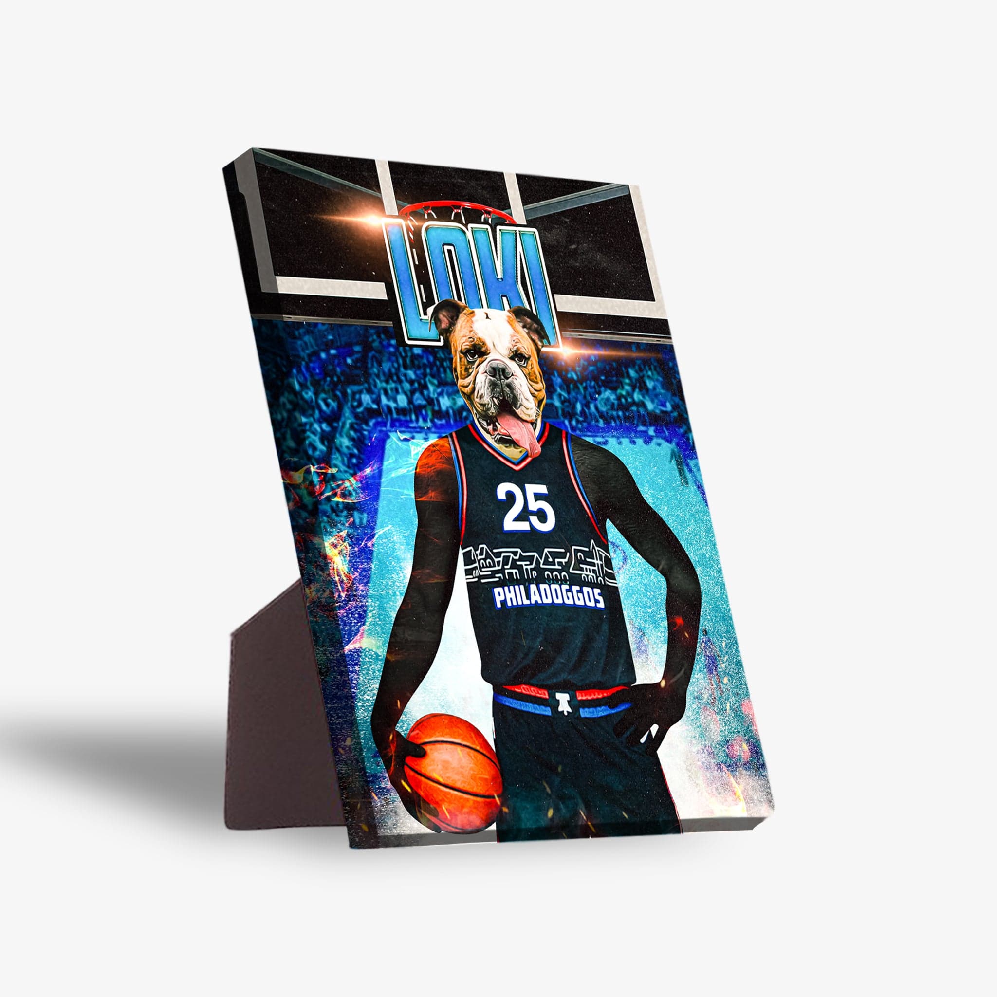 Personalized Philadoggos 76ers pet standing canvas featuring a bulldog in a black basketball jersey.