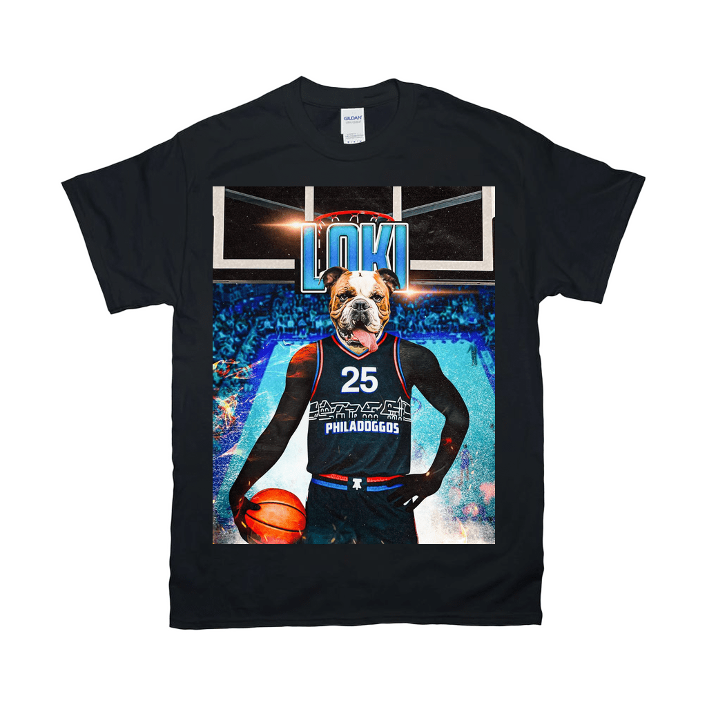 Black Gildan unisex t-shirt featuring a bulldog's head on a basketball player's body, holding a ball.