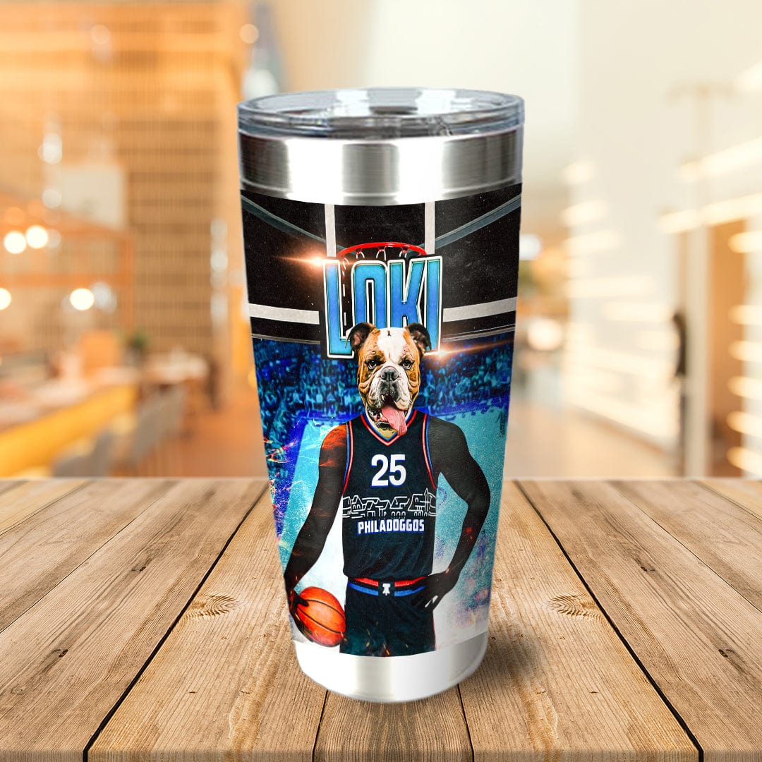 Personalized stainless steel tumbler with a custom bulldog pet portrait in a basketball jersey.