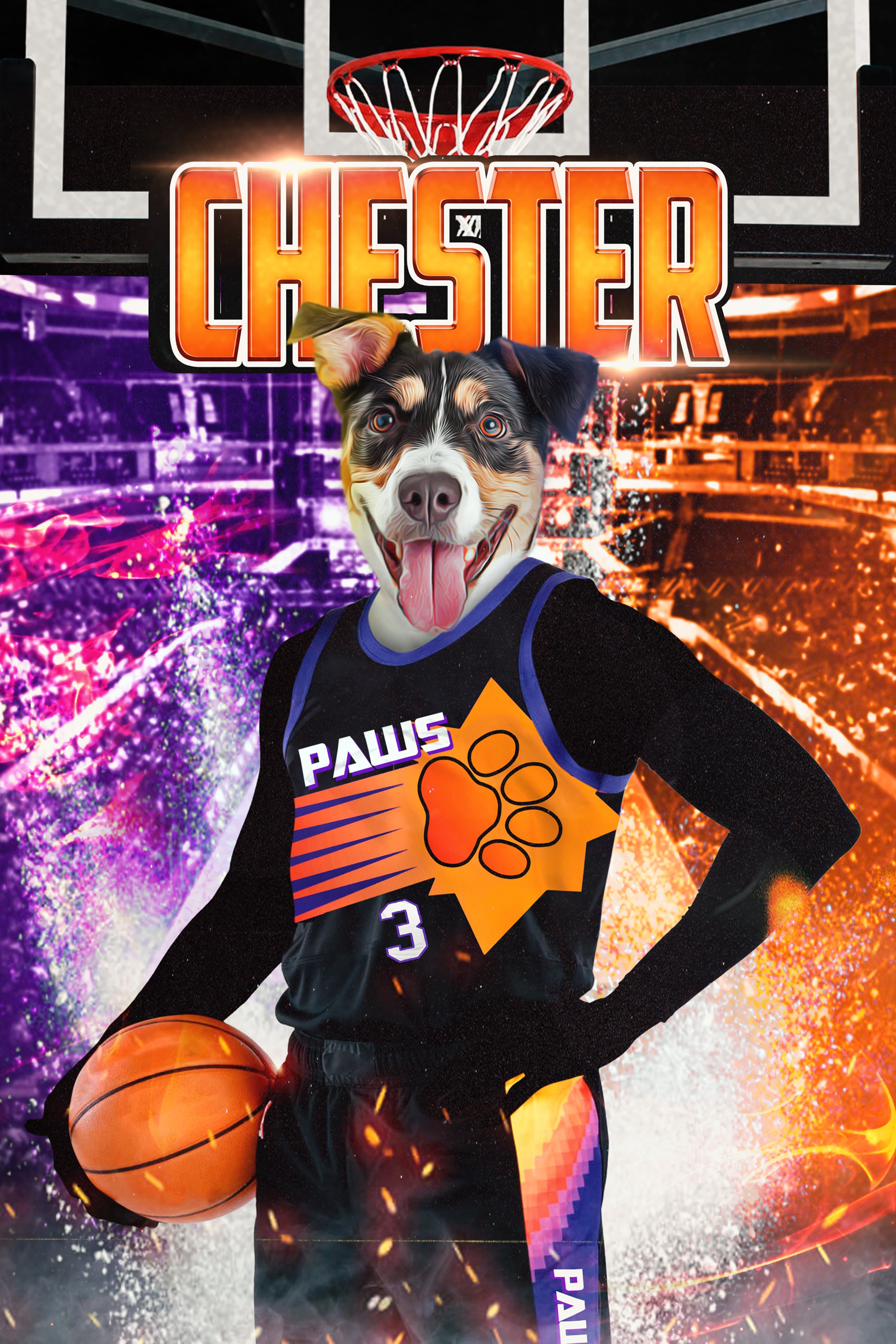 Custom digital portrait of a dog in a basketball uniform with "PAWS" and a paw print logo.