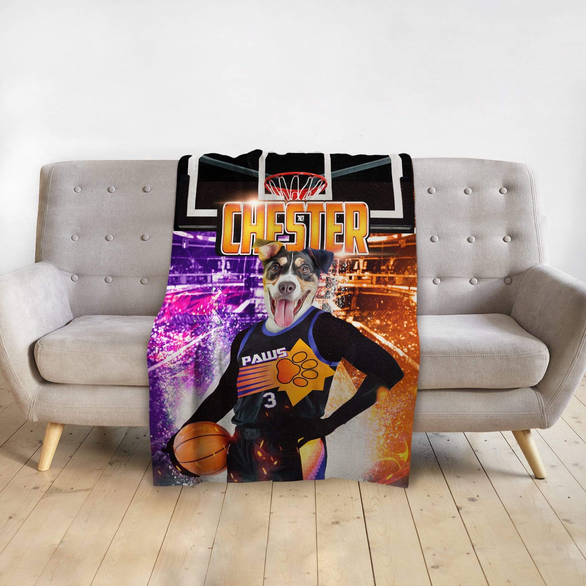 Personalized minky blanket featuring a dog in a custom basketball player portrait design.
