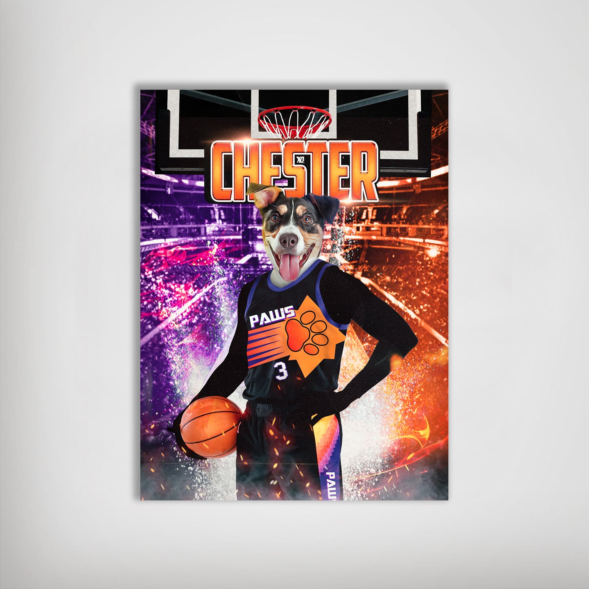 Personalized pet poster featuring a dog in a black basketball jersey with "CHESTER" and a paw print logo.