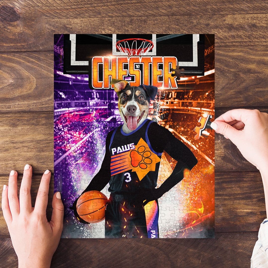 Personalized pet puzzle featuring a dog in a custom basketball uniform with "Chester" and "Paws" text.