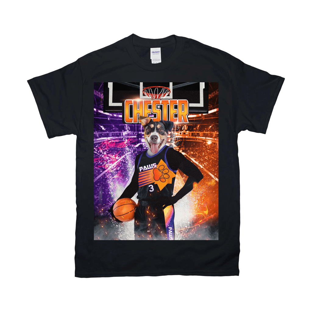 Black Gildan cotton t-shirt featuring a personalized dog in a basketball jersey with "CHESTER" and "PAWS" text.