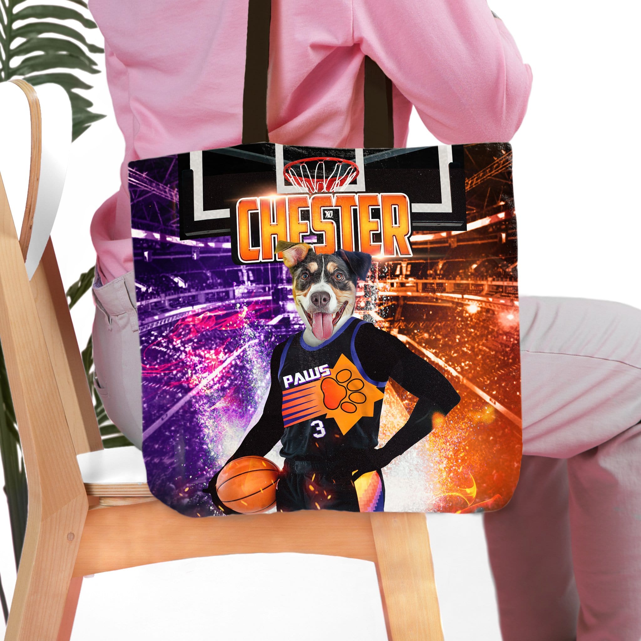 Personalized tote bag with a dog's custom basketball portrait, featuring "Chester" and "Paws" on a court background.