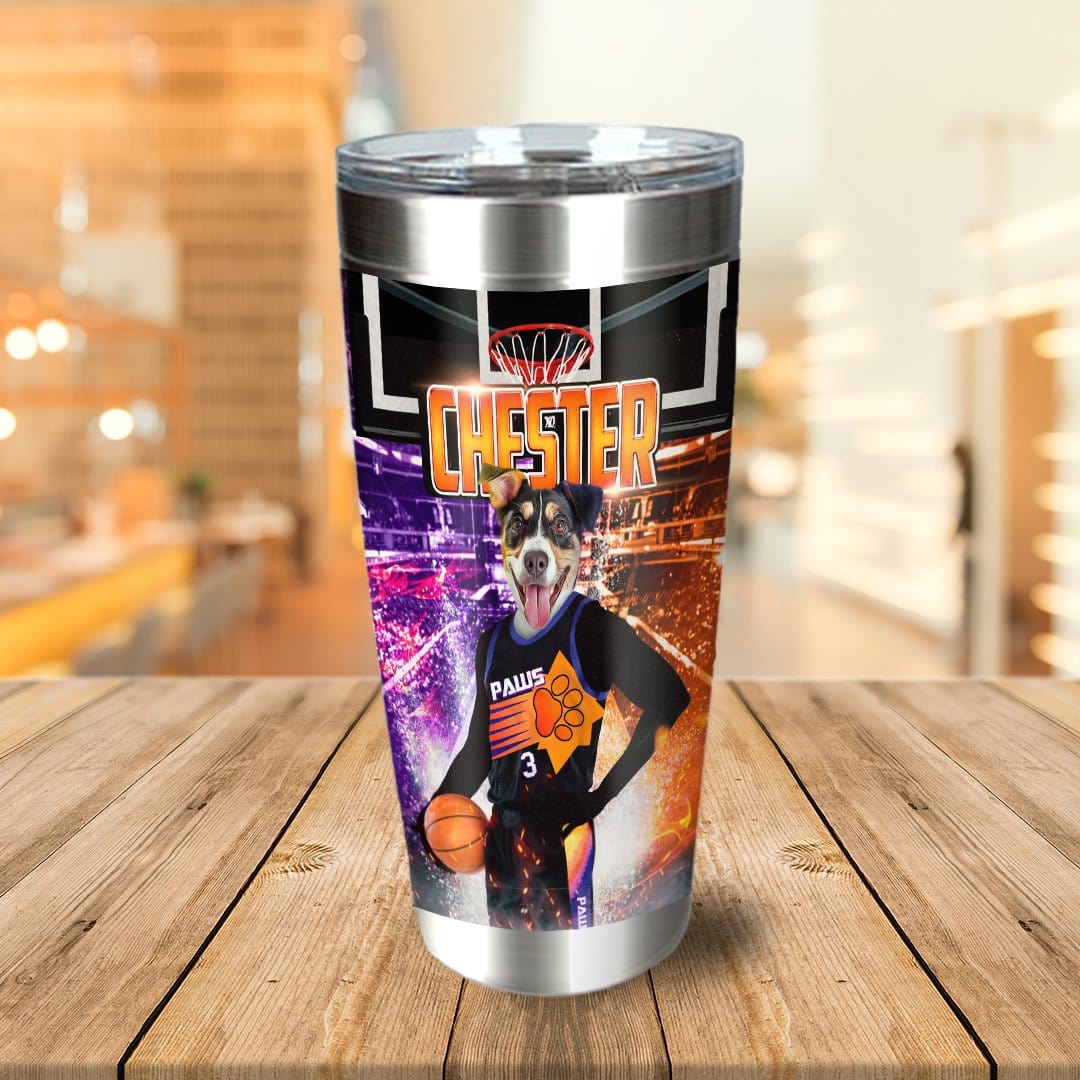 Personalized stainless steel tumbler with a dog in a basketball uniform and "CHESTER" text.