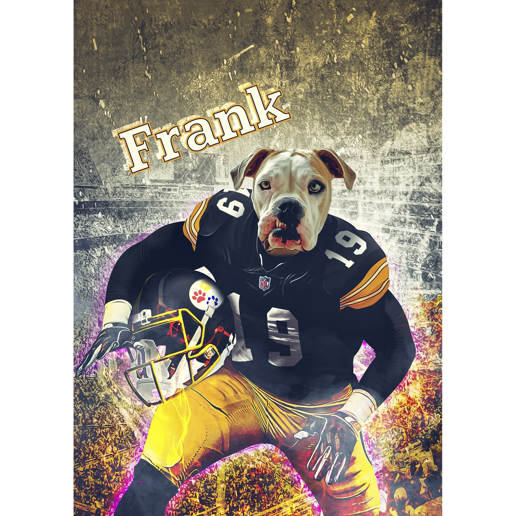 Personalized digital portrait of a dog in a Pittsburgh Steelers football uniform, holding a helmet.