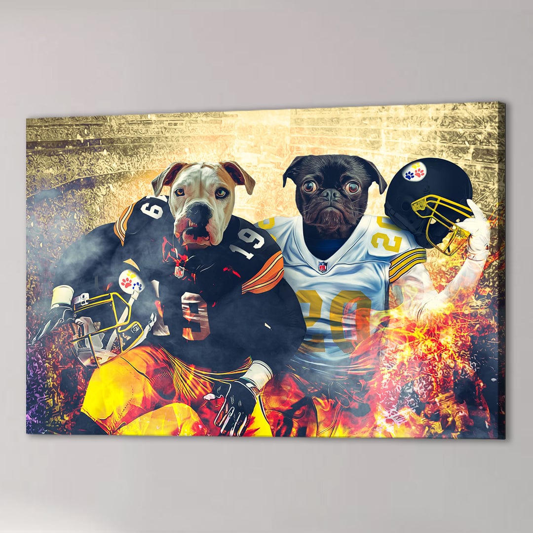Custom canvas featuring two pets as Pittsburgh Steelers football players with fiery effects.